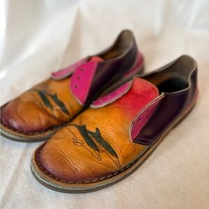 Colorful Vintage Leather Shoes with Dolphins